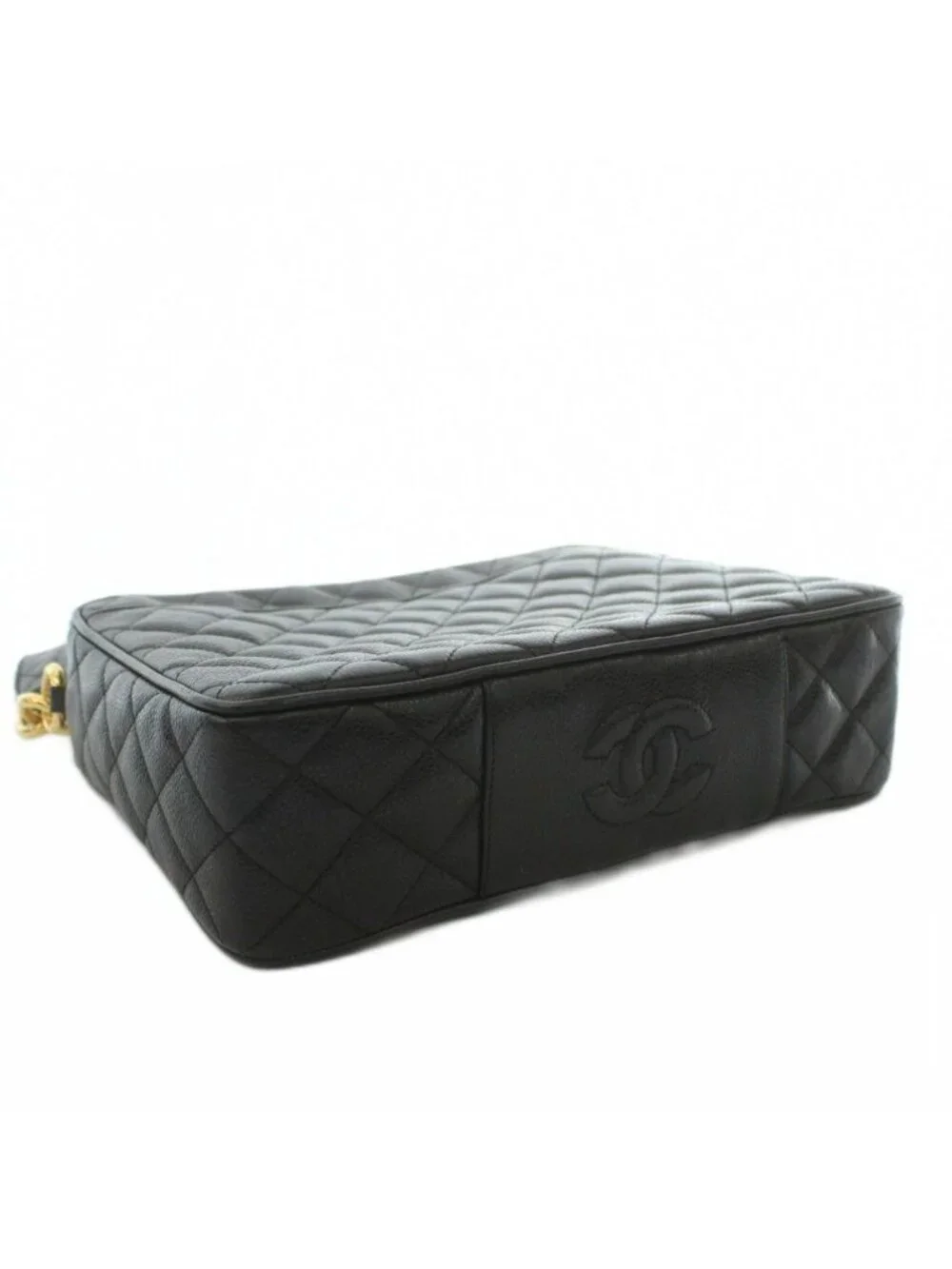 Chanel Quilted Caviar Leather Shoulder Bag CC Logo Tassel Number 2 Black Gold